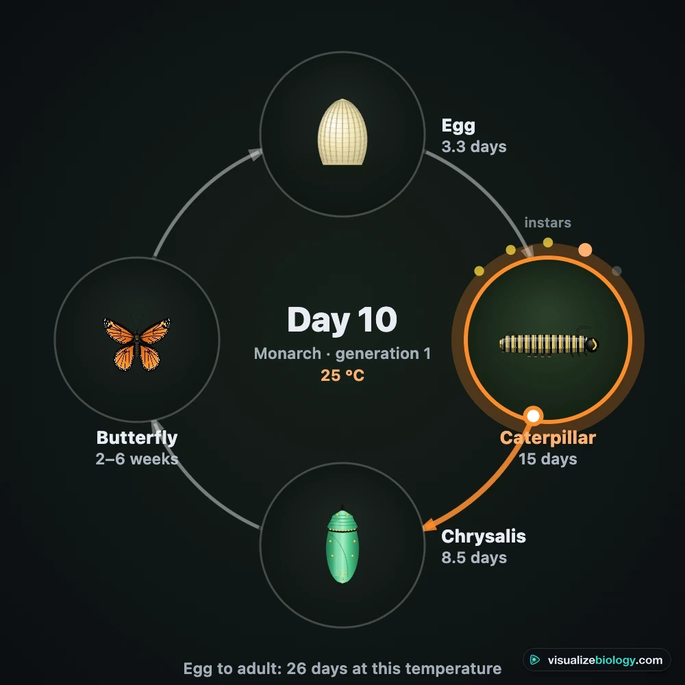 The butterfly life cycle wheel in the simulator: egg, caterpillar, chrysalis and butterfly around a circle with arrows, each with the number of days it lasts at 25 degrees Celsius