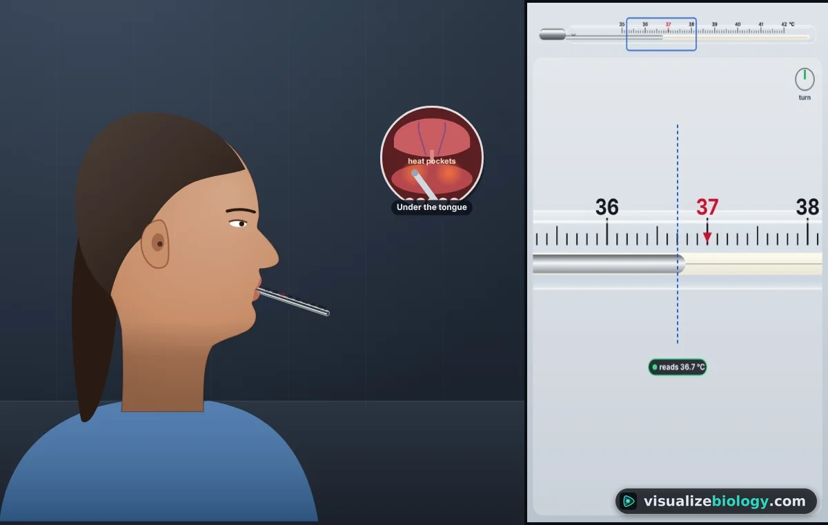 The simulator: a patient in profile with a glass clinical thermometer under the tongue and an inset of the heat pockets under the tongue, beside a magnified glass thermometer reading about 37 °C