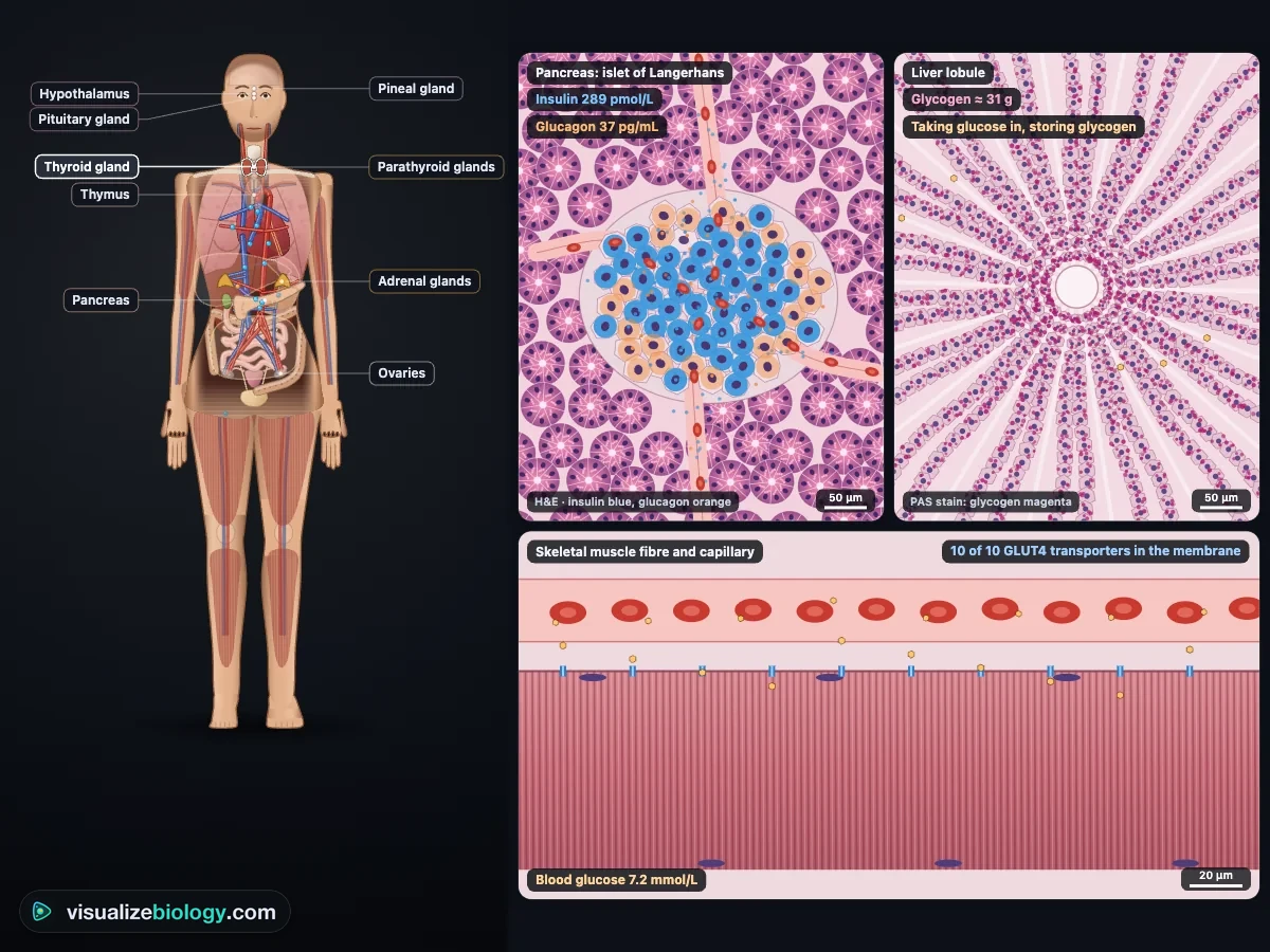 Insulin after a meal in the simulator: the see-through body with its muscles lit as insulin targets, beside a stained islet of Langerhans (insulin cells blue, glucagon cells orange), a liver lobule storing glycogen and a muscle fibre with GLUT4 transporters taking glucose in