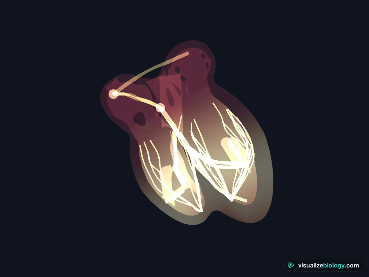 Glass-like 3D heart with the conduction system glowing: SA node, internodal pathways, AV node, bundle of His, left and right bundle branches and Purkinje fibres