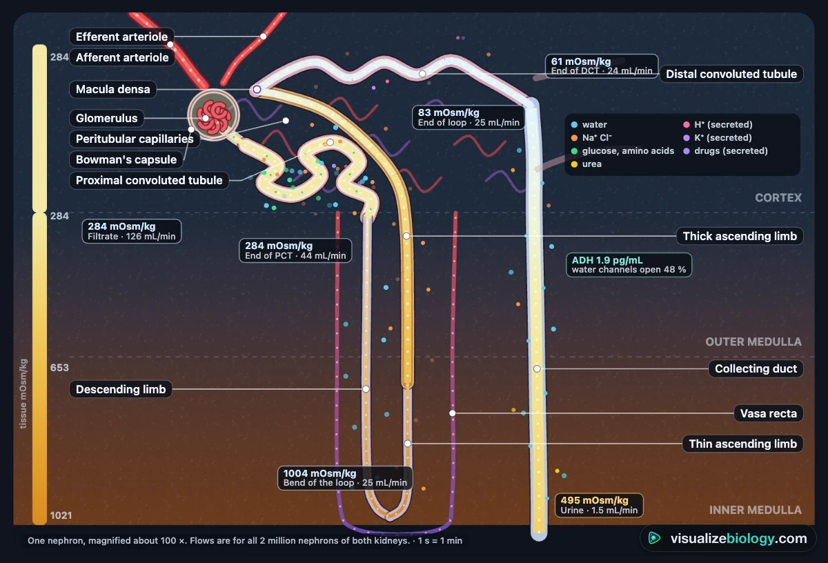 A nephron in the simulator: the glomerulus inside Bowman's capsule, the proximal convoluted tubule, the loop of Henle dipping into the salty medulla, the distal convoluted tubule and the collecting duct, with arrows for water and salt leaving