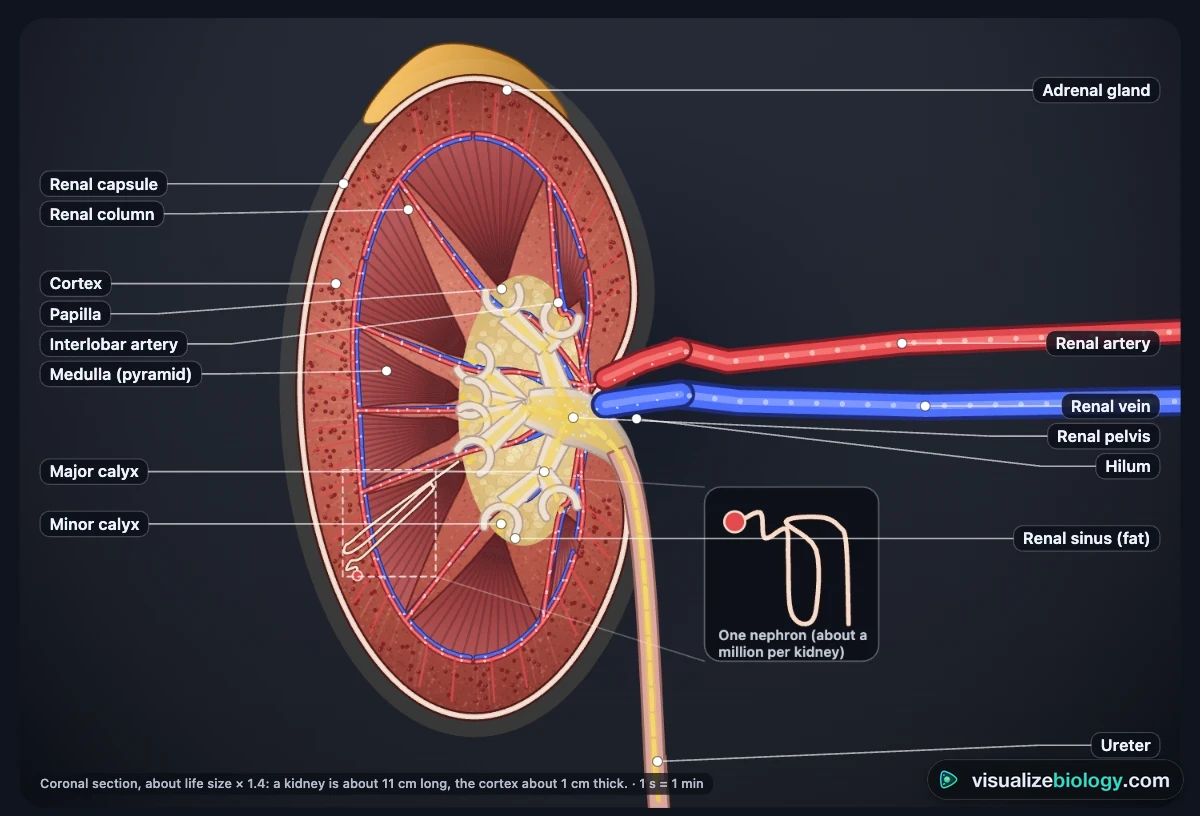 A kidney cut lengthways in the simulator: the renal capsule, the grainy cortex, the medulla with striped renal pyramids, the minor and major calyces, the renal pelvis and the ureter at the hilum, with the renal artery and vein branching inside