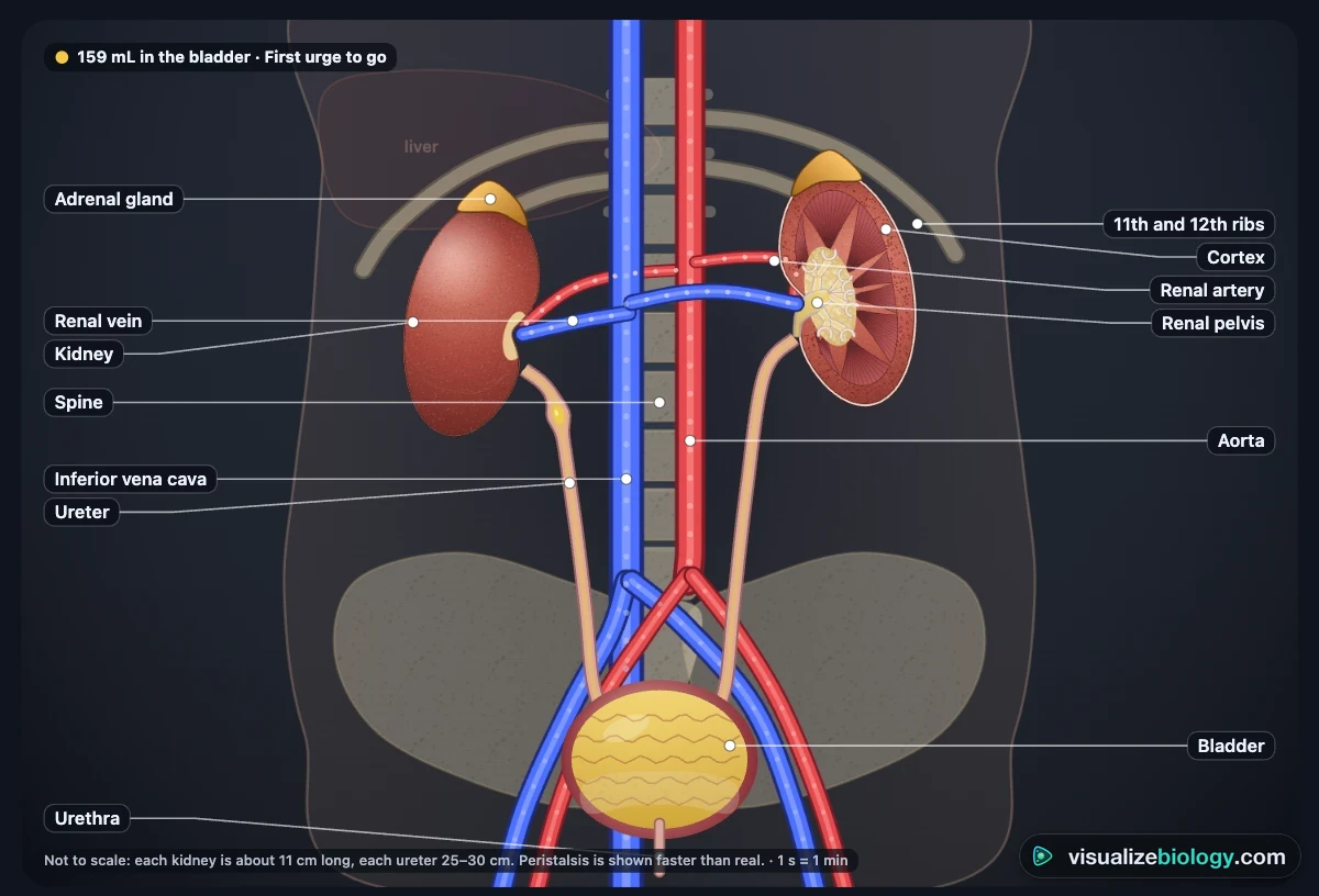 The human urinary system in the simulator: two kidneys with adrenal glands, the renal arteries from the aorta and renal veins to the vena cava, the ureters carrying urine down to the bladder, and the urethra