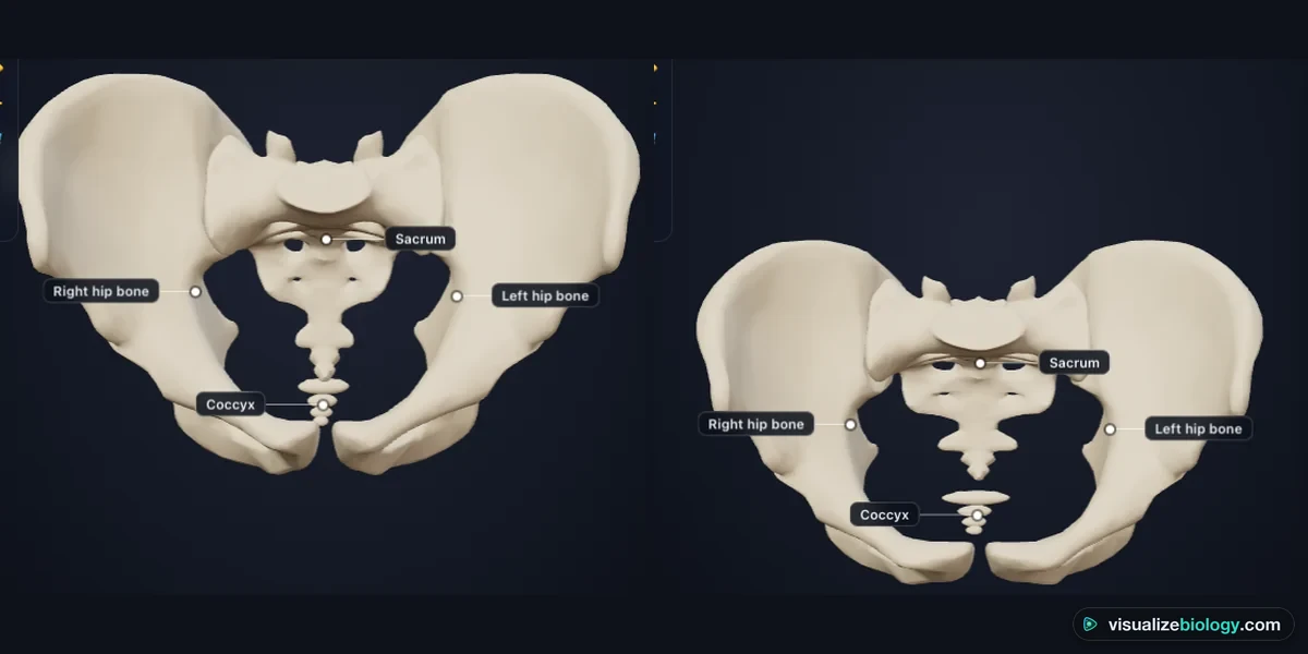 A male pelvis (left) and a female pelvis (right) in the simulator: the female pelvis is wider and lower with a wider, U-shaped subpubic arch