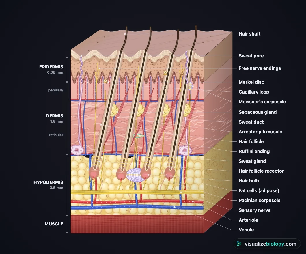 A labelled cross-section of human skin in the simulator: the epidermis on top, the dermis with a hair follicle, sebaceous gland, arrector pili muscle, sweat gland and capillary loops, and the hypodermis with fat cells, blood vessels, the sensory nerve and a Pacinian corpuscle