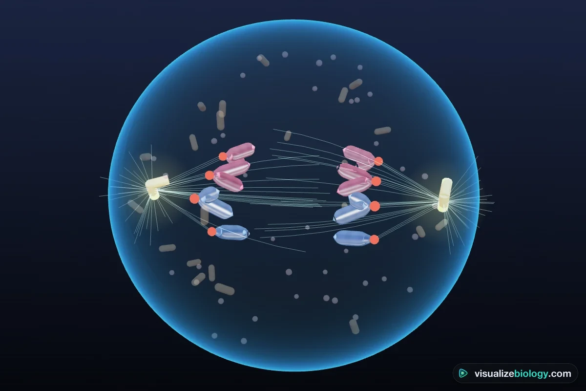 3D mitosis simulation of an animal cell in anaphase: two sets of chromosomes pulled apart by green spindle microtubules toward the centrosomes at the poles, while the cell begins to pinch in the middle