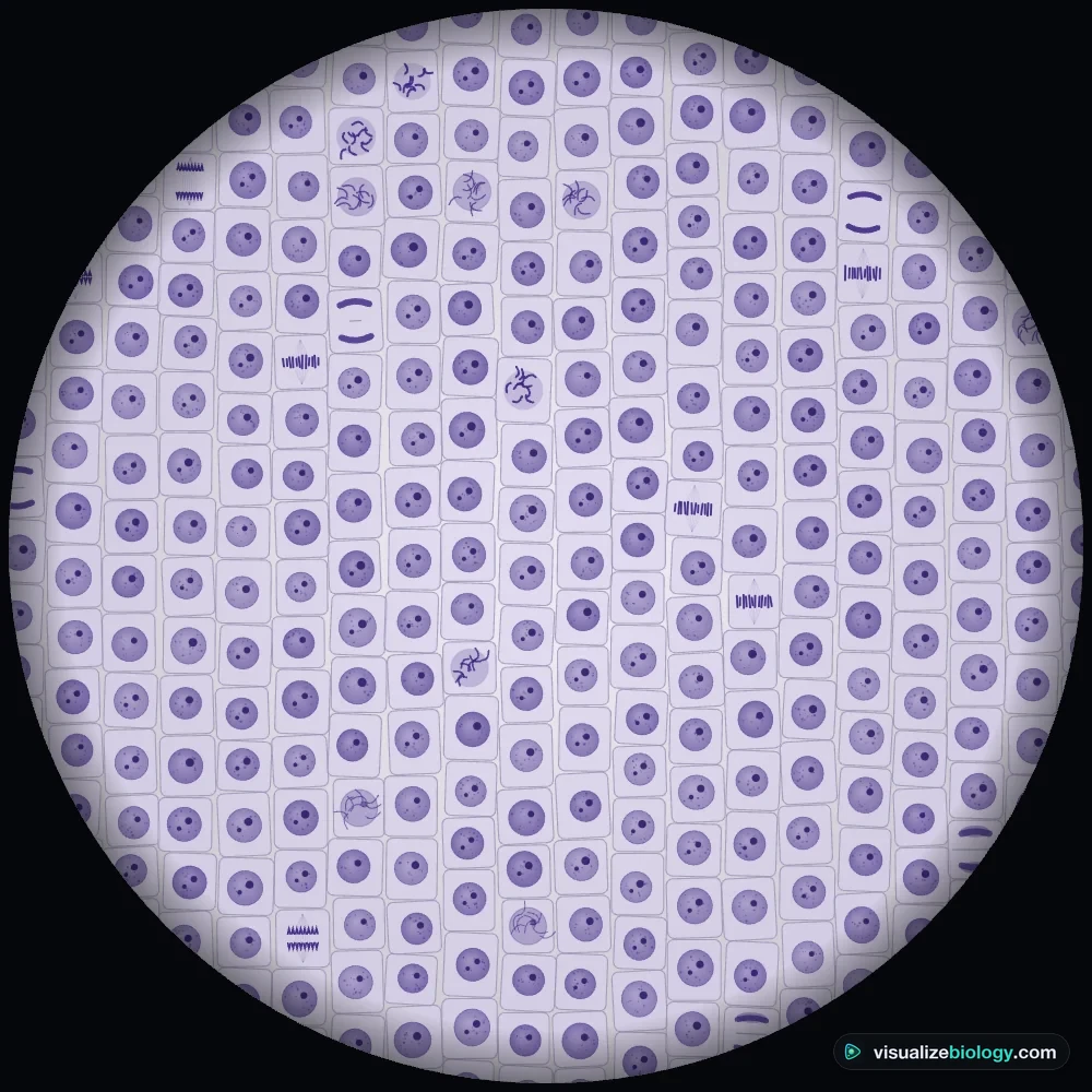 Virtual onion root tip squash at 400x stained with toluidine blue, showing cells in interphase and in prophase, metaphase, anaphase and telophase