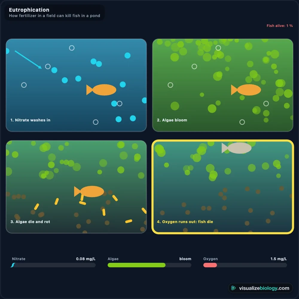 Eutrophication in four stages in the simulator: nitrate washes into a pond, algae bloom, the algae die and rot, oxygen runs out and fish die
