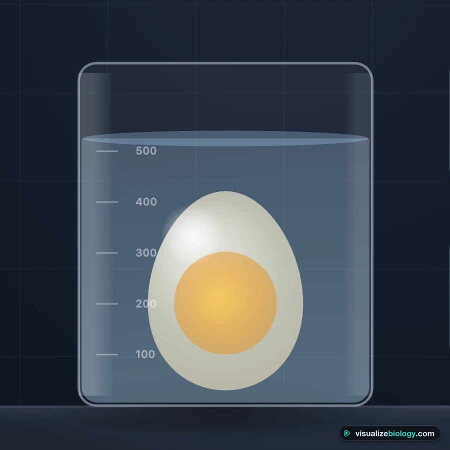 A de-shelled egg in a beaker of distilled water, translucent with the yolk visible through the membrane