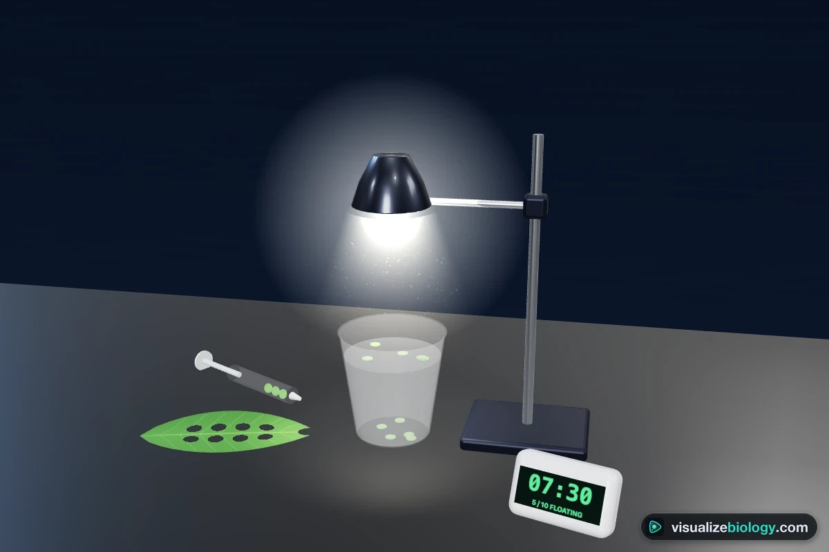 Floating leaf disc assay: spinach leaf discs rising to the surface of a cup of sodium hydrogencarbonate solution under a lamp