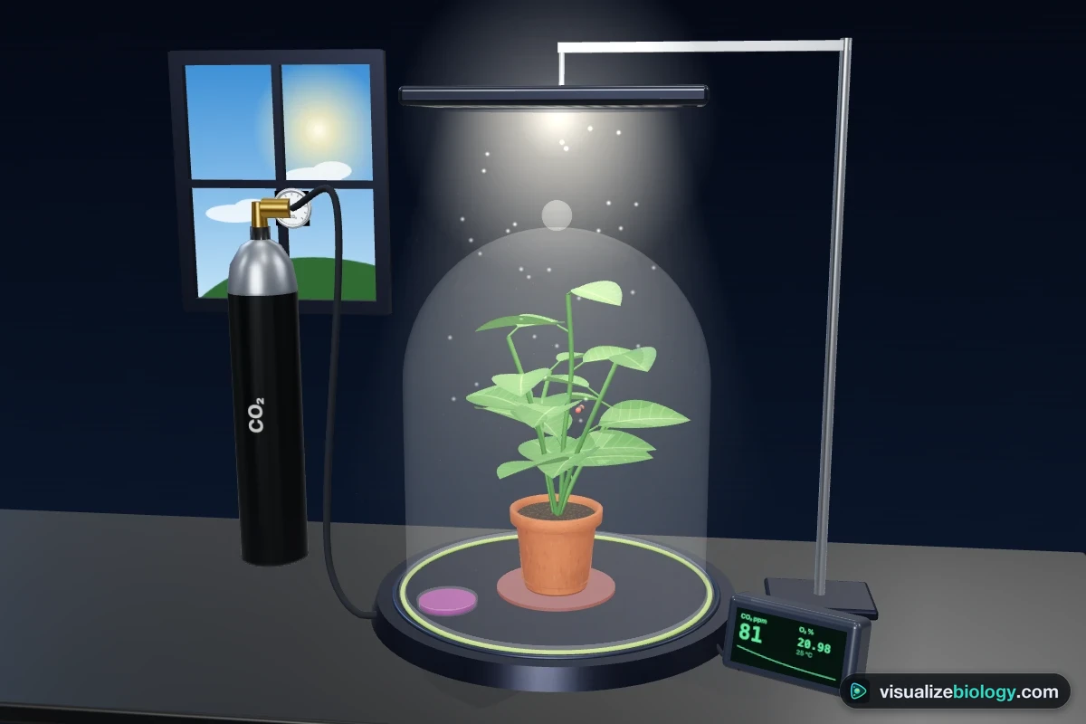 3D virtual photosynthesis lab: a potted plant under a glass dome lit by an LED grow lamp, with a data logger showing carbon dioxide and oxygen and a dish of hydrogencarbonate indicator