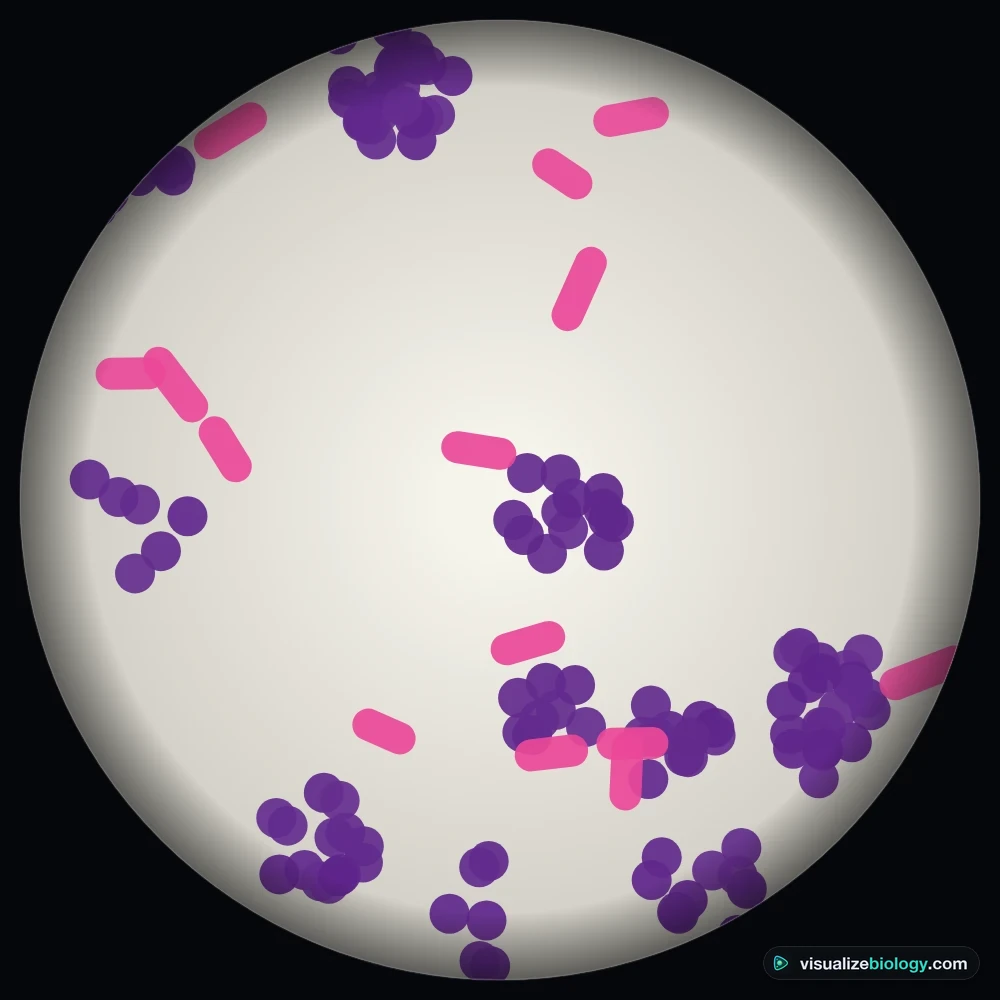 Gram-stained smear at 1000x under oil immersion: purple Gram-positive Staphylococcus cocci in clusters and pink Gram-negative E. coli rods