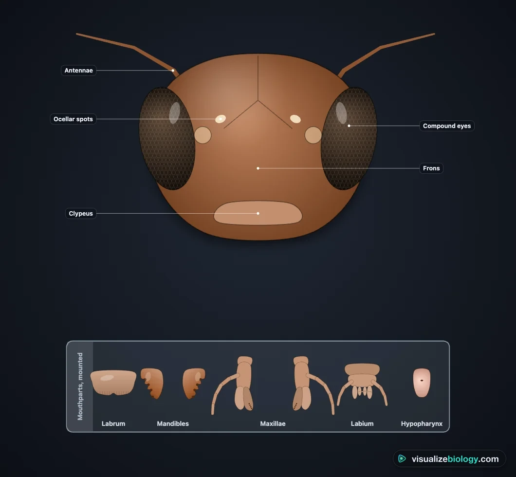 The head of a cockroach from the front in the simulator, with its labrum, mandibles, maxillae, labium and hypopharynx removed and mounted on a glass slide below