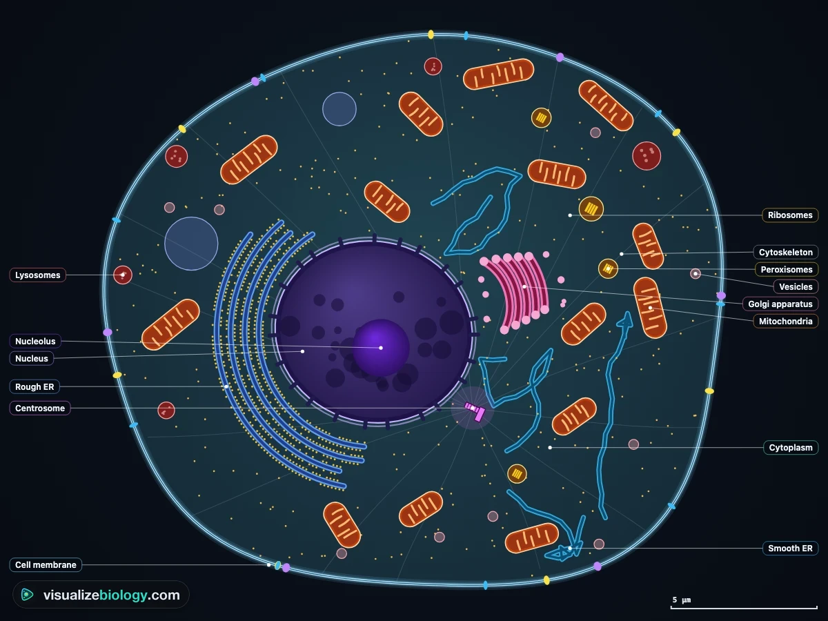 A labeled animal cell in the virtual cell model: the nucleus with its nucleolus and nuclear pores, rough ER sheets around the nucleus, smooth ER tubules, the Golgi apparatus, mitochondria, lysosomes, peroxisomes, centrioles, vesicles, ribosomes and the cell membrane