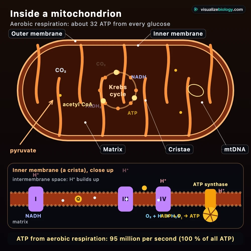 Close-up of a mitochondrion in the simulator: outer and inner membranes, cristae, the matrix with the Krebs cycle turning, mitochondrial DNA, and an inset of the inner membrane with complexes I, III and IV pumping hydrogen ions and ATP synthase making ATP