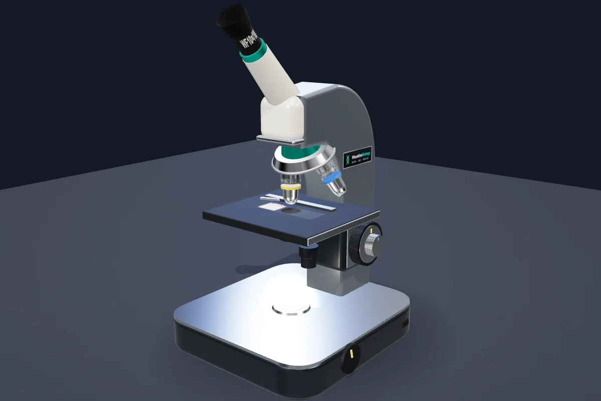 3D virtual microscope with a titanium arm, pearl head, four objectives on the nosepiece and an LED lamp in the base