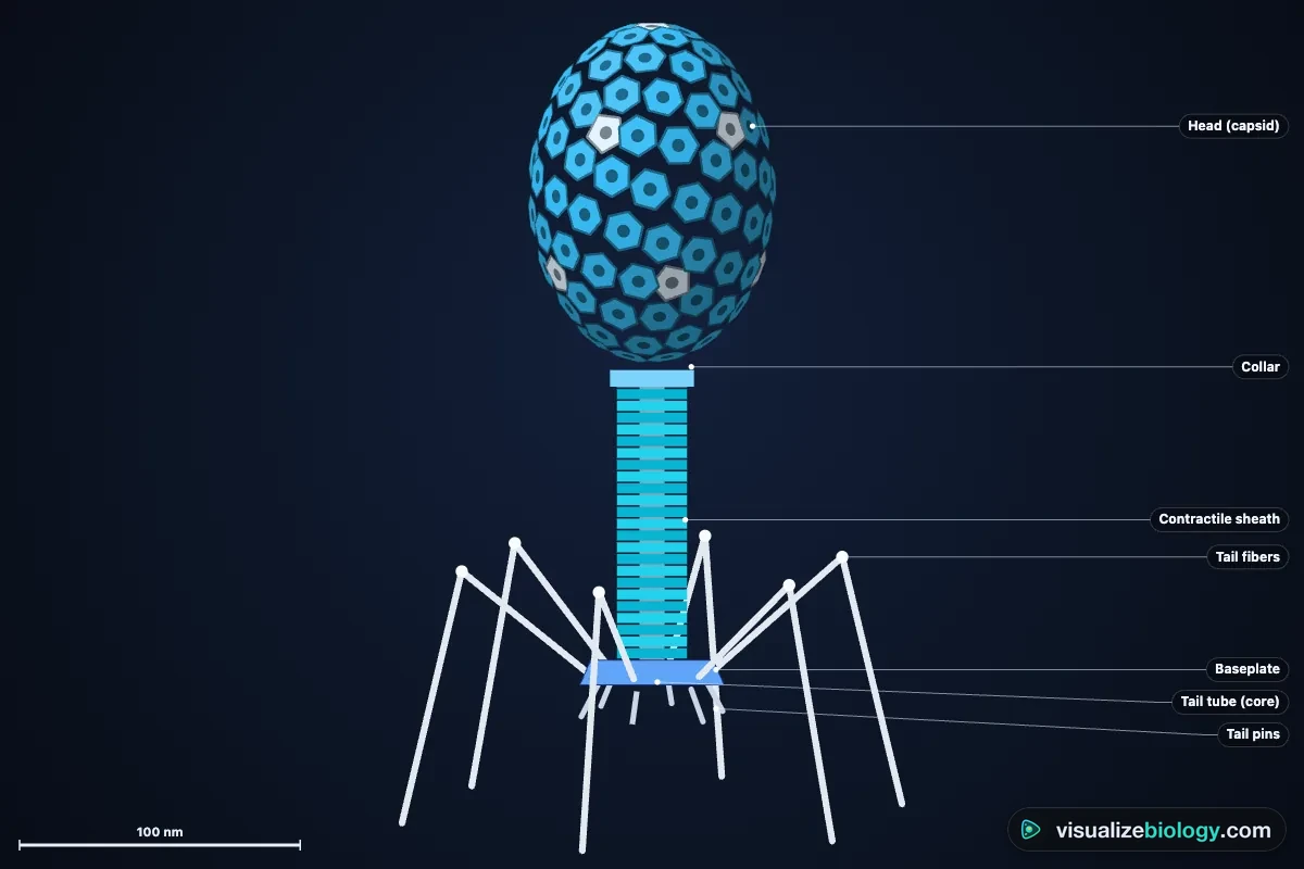 Labeled diagram of bacteriophage T4: an icosahedral head containing DNA, a collar, a contractile tail sheath around a tail tube, a hexagonal baseplate with tail pins, and six long tail fibers
