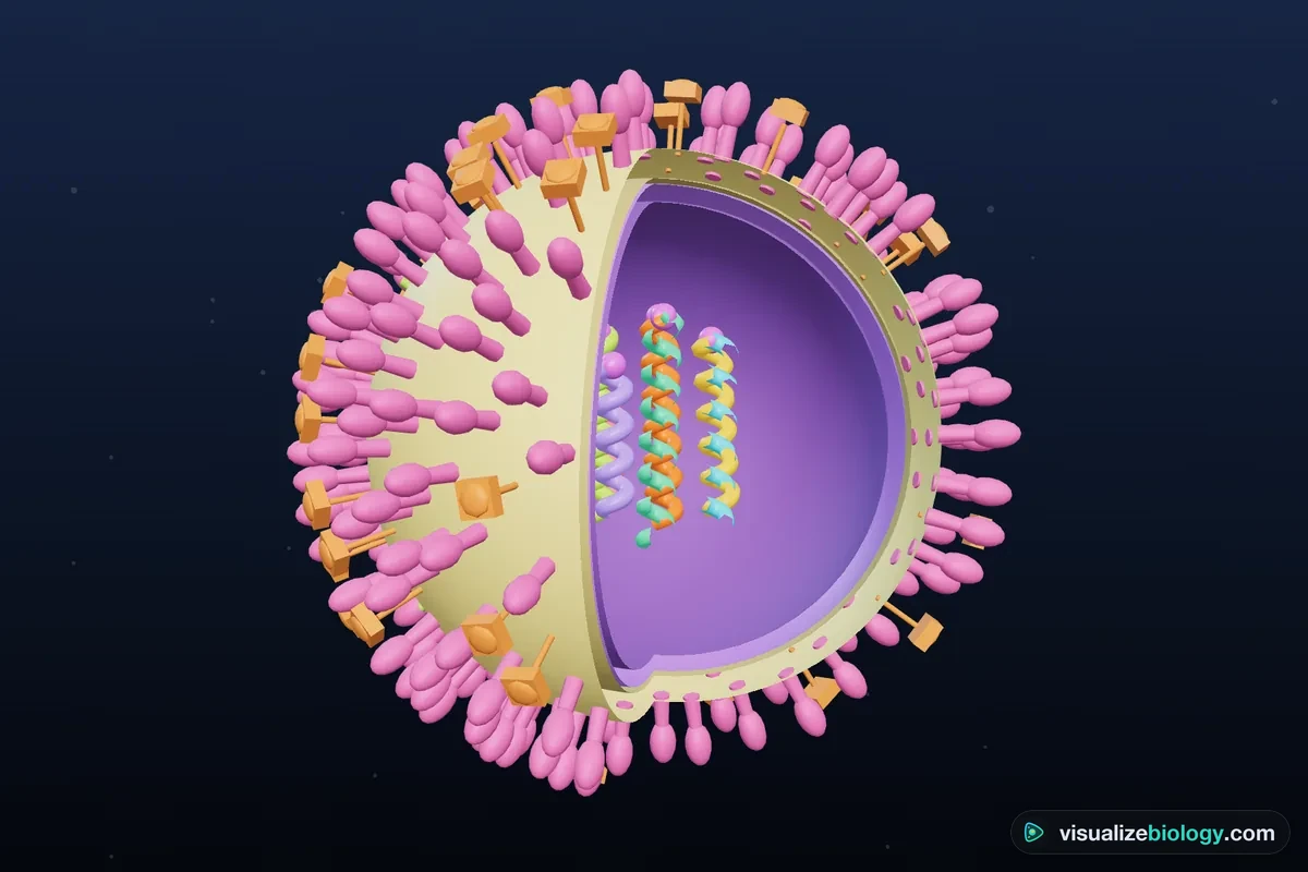 3D model of an influenza A virus cut open: a lipid envelope covered with hemagglutinin and neuraminidase spikes, the M1 matrix layer under it, and eight colored RNA segments inside