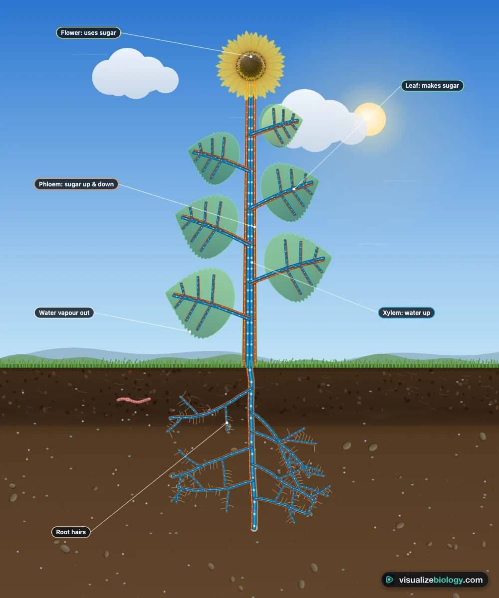 A see-through sunflower in the simulator: blue xylem tubes rise from the roots through the stem into every leaf, orange phloem tubes run from the leaves up to the flower head and down to the roots, and water vapour drifts from the leaves